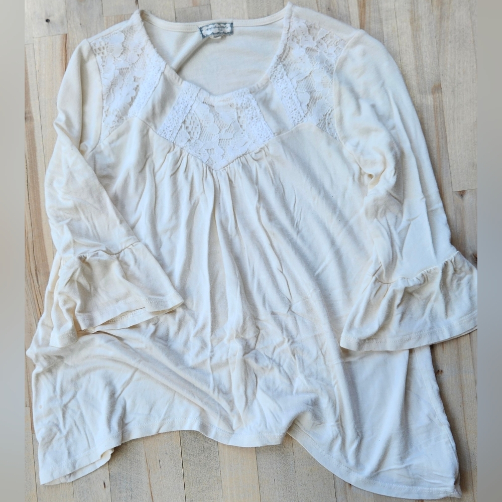 M,Eyeshadow Girls, cream-colored, long-sleeved top,lace trim flowy, asymmetrical